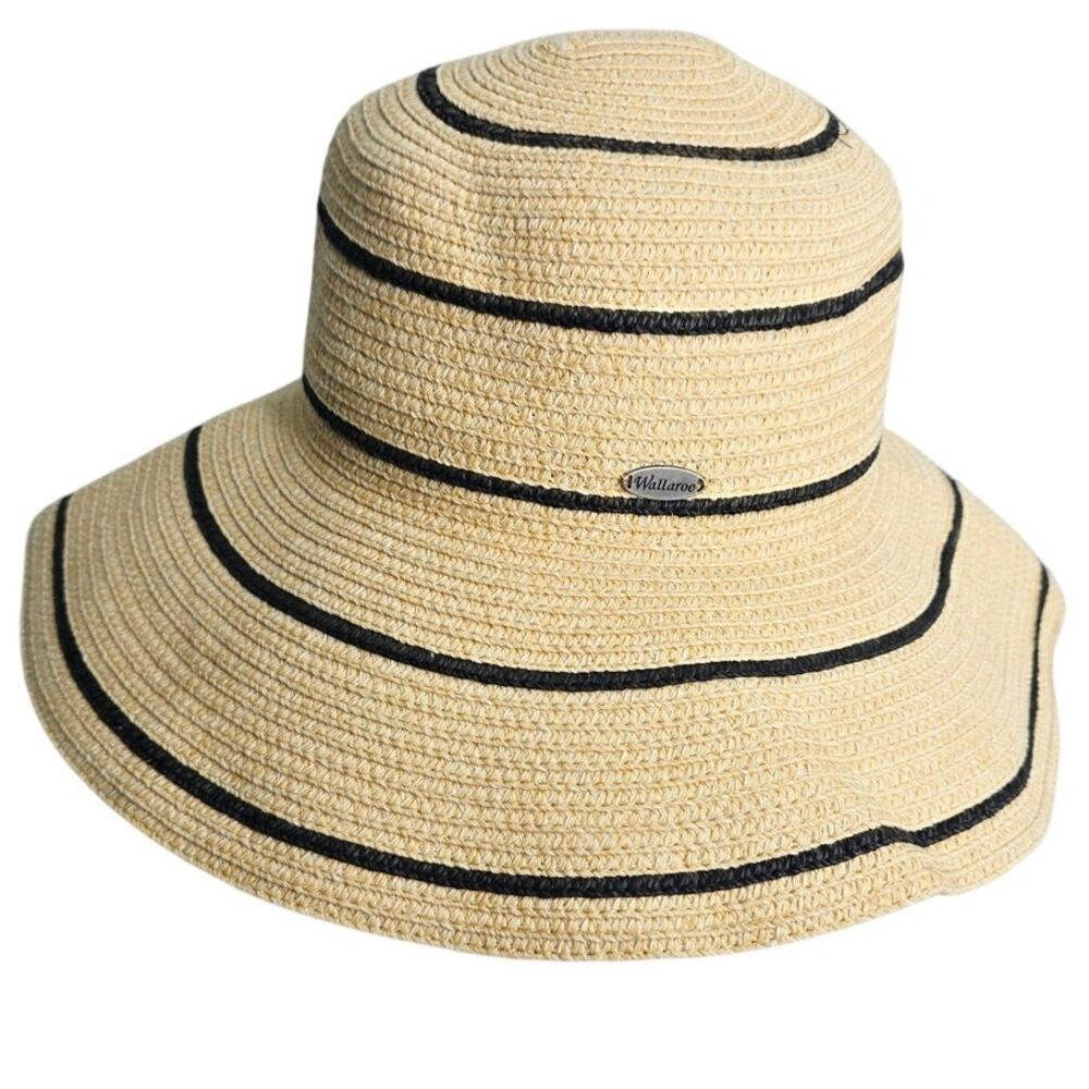 Wallaroo Savannah Wide Brim Sun Hat Beige Black Stripe Paper Braid Packable
